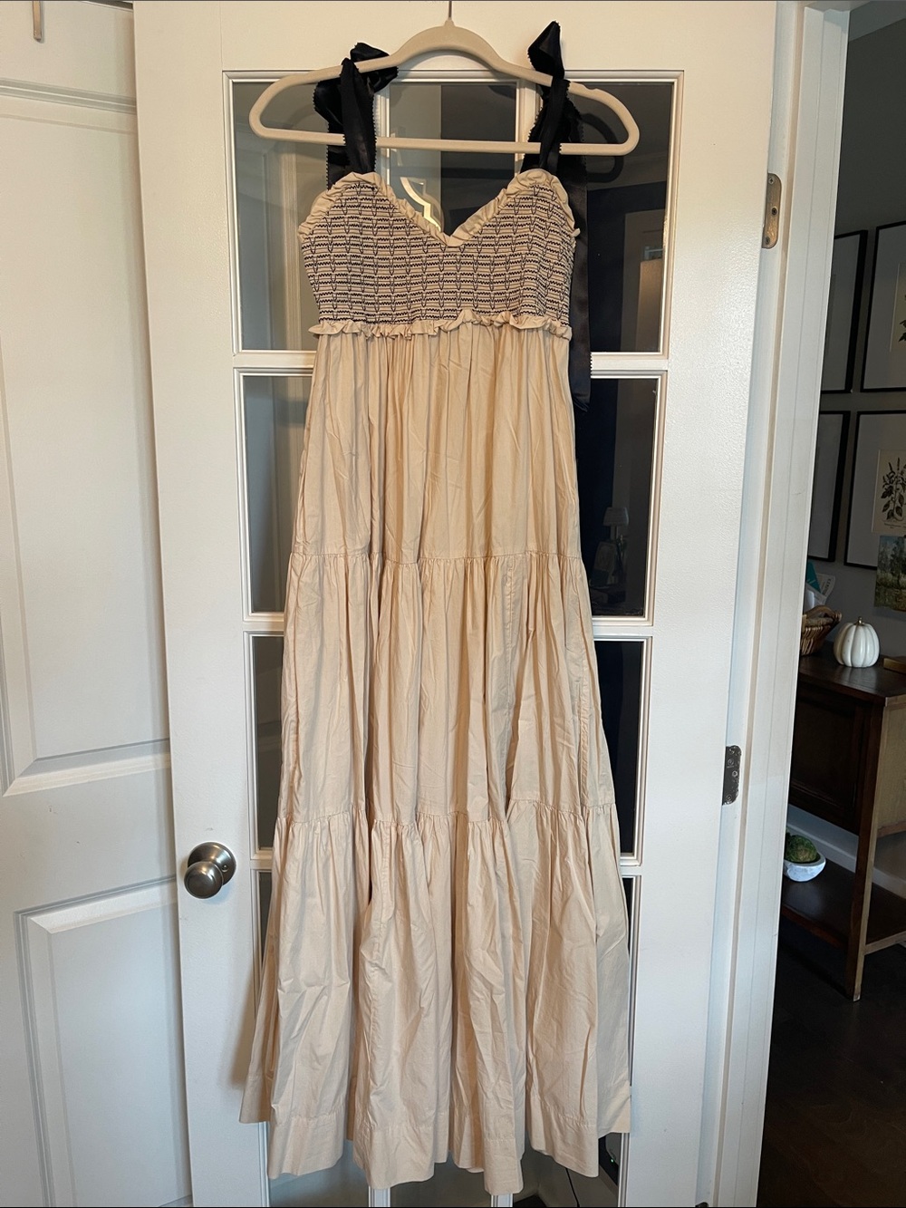 Free People Women’s Cream Tiered Maxi Dress with Black Satin Tie Straps